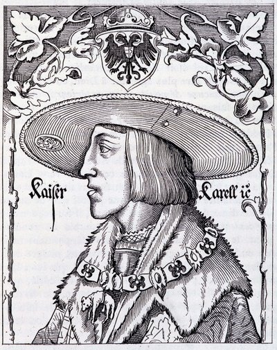 Portret van Karel V jong - gravure van een 16e-eeuwse Duitse prent door German School