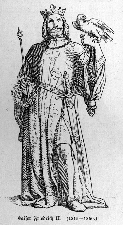 Portret van Frederik II van Hohenstaufen (1194-1250), Koning van het Heilige Roomse Rijk. Gravure in 