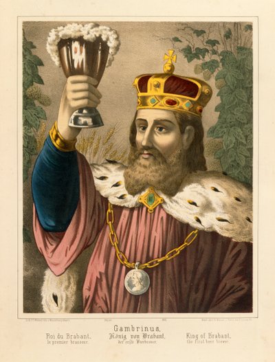 Portret van Gambrinus, legendarische Koning van Vlaanderen, picturaal pamflet uitgegeven door F.C. Wentzel, Weissenburg, 1870 door German School