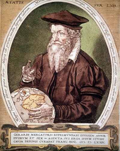 Portret van Gerhard Kremer alias Gerardus Mercator (1512-1594). Valse titel van de eerste editie van de Atlas. door German School