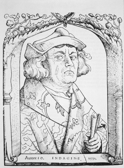 Portret van Johannes van Indagine, naar Hans Baldung Grien, uit Chiromantia door Ioannes ab Indagine, Straatsburg 1531, geïllustreerd in Geschiedenis van de Magie, gepubliceerd eind 19e eeuw door German School