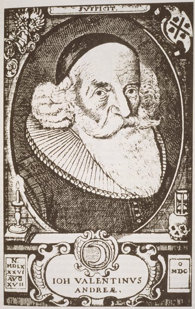 Portret van Valentine Andreae (1568-1643), kopie van een Duitse gravure geïllustreerd in Geschiedenis van de Magie, gepubliceerd eind 19e eeuw door German School
