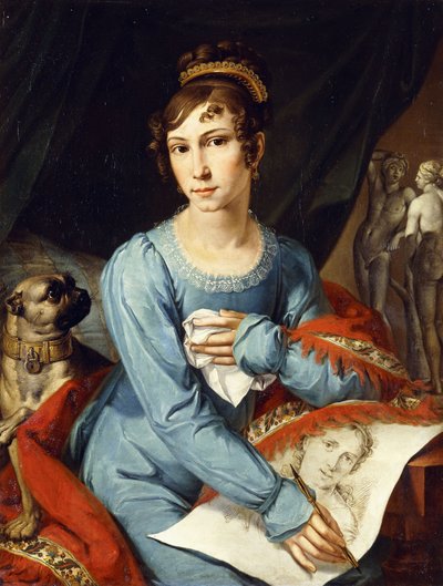 Portret van een dame met haar mopshond door German School