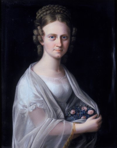 Portret van een vrouw met roze rozen in haar armen door German School