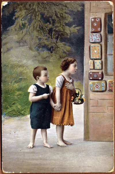 Ansichtkaart met Hans en Grietje voor het peperkoekhuisje door German School