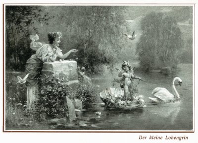 Prentkaart met Lohengrin en de zwaan door German School
