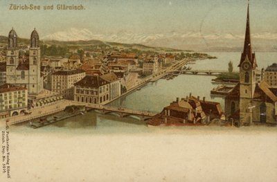 Ansichtkaart met een algemeen uitzicht op de stad Zürich door German School