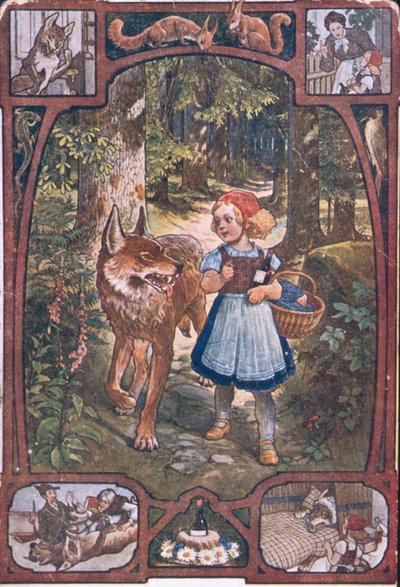 Ansichtkaart met scènes uit Roodkapje, c.1910 door German School