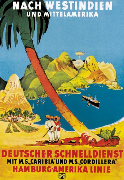 Poster die Hamburg-Amerika Linie routes naar de West-Indië en Midden-Amerika adverteert door German School