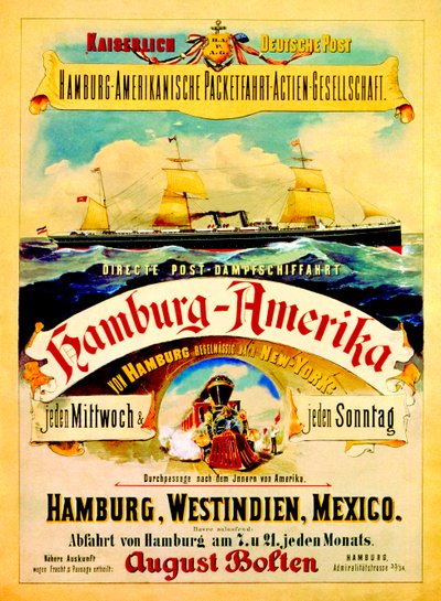 Poster ter promotie van de Hamburg Amerika Lijn, 1883 door German School
