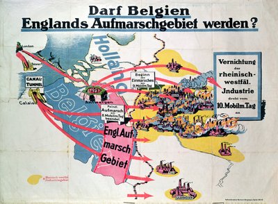 Poster die Duitse bezorgdheid uitdrukt over de voorgestelde bouw van een Kanaaltunnel die België en Engeland verbindt, ca. 1914-18 door German School