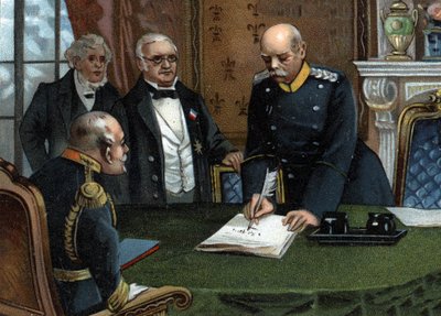 Voorlopig vredesverdrag van 26 februari 1871 ondertekend in Versailles, einde van de Frans-Pruisische oorlog tussen het hoofd van de uitvoerende macht van de Republiek, de heer Adolphe Thiers, en de minister van Buitenlandse Zaken, de heer Jules Favre, ver door German School