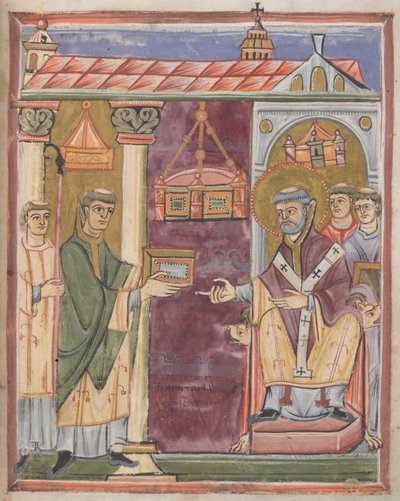 Priester die een boek aanbiedt [aan St. Augustinus?] door German School