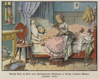 Prinses Louise van Mecklenburg-Strelitz leest aan het bed van een ziek dorpsmeisje in Broich door German School