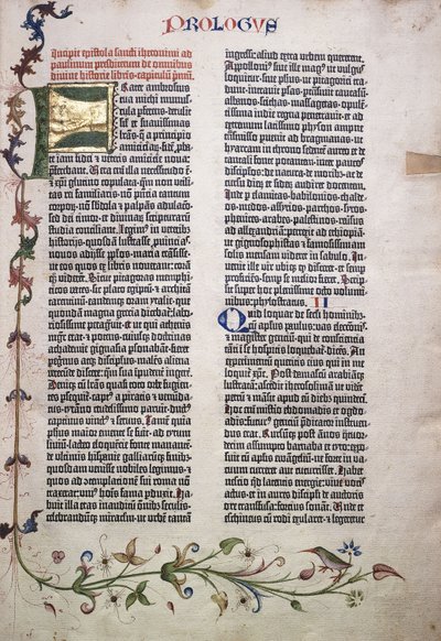 Proloog folio met gouden en groene letter "F", en rand van bladeren, bloemen, wijnstokken en vogel, 1455 door German School