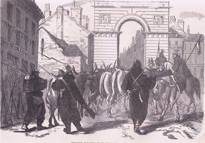 Pruisische foeragerende troepen brengen vee binnen, Cassells Geschiedenis van de oorlog tussen Frankrijk en Duitsland uitgegeven door Cassell and Company Limited, ca. 1890 door German School
