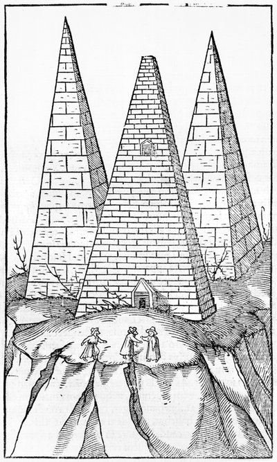 Piramides van Egypte, illustratie uit Cosmographie Universelle door Sebastien Munster, Basel, gepubliceerd 1554 door German School