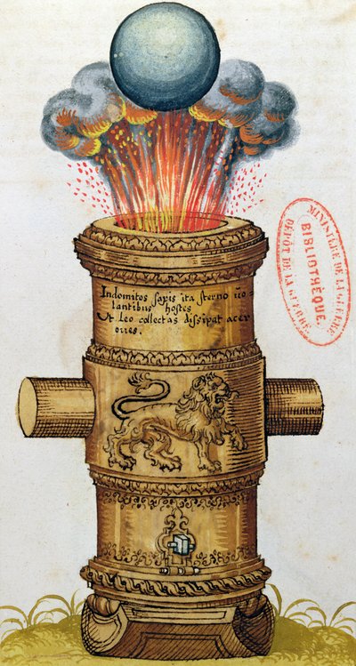 Opgeheven kanon dat een kanonskogel afvuurt, uit De Kunst van de Artillerie, 1570 door German School