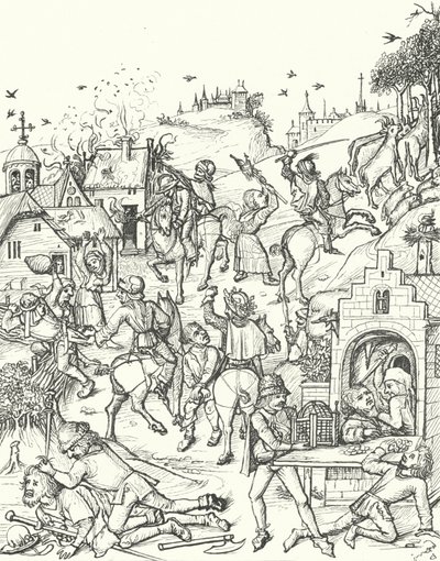 Verwoesting en plundering van een dorp (gravure) door German School