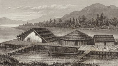 Reconstructie van een oud meer dorp. Illustratie voor Bilder-Atlas door German School