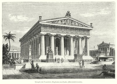 Reconstructie van de oude Griekse tempel van Poseidon, Paestum, Italië door German School
