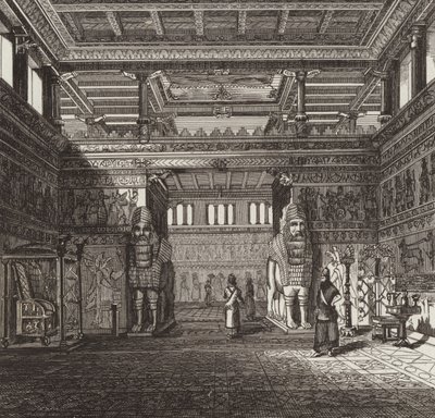 Reconstructie van de hal van een Assyrische koning. Illustratie voor Bilder-Atlas door German School