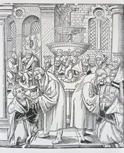 Hervormers Maarten Luther en Jan Hus dienen de communie toe door German School