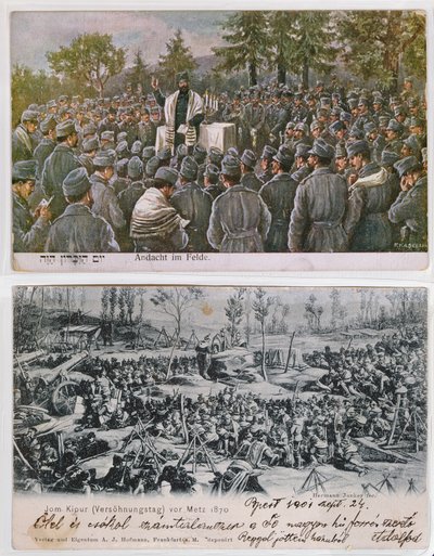 Religieuze diensten op het slagveld, bovenste afbeelding toont Duitse Joodse soldaten in gebed tijdens de Eerste Wereldoorlog, daaronder een Yom Kipoer dienst in Metz tijdens de Frans-Pruisische oorlog van 1870 (kleur) door German School