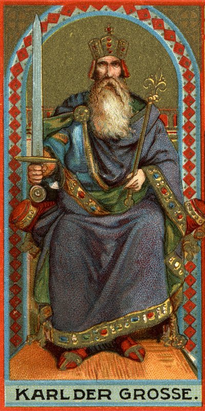 Voorstelling van Karel de Grote (742-814), koning van de Franken, de Lombarden en vervolgens keizer. Chromolithografie. door German School