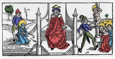 Voorstelling van het martelaarschap van Sint Symphorose, een christen uit de 2e eeuw, en haar zeven zonen, onder het bewind van keizer Hadrianus. Gravure uit 
