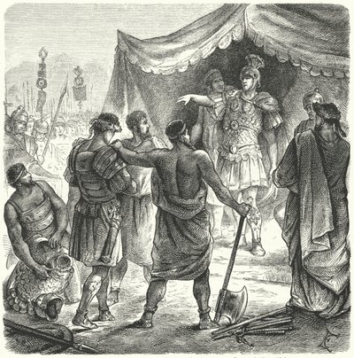 Romeinse consul Titus Manlius Torquatus veroordeelt zijn zoon ter dood voor het verlaten van zijn post in de strijd (gravure) door German School