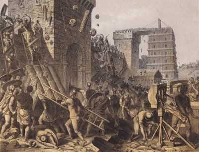 Romeinse soldaten bestormen een fort (kleurenlitho) door German School