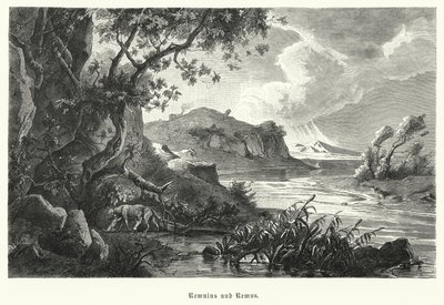 Romulus en Remus, legendarische stichters van het oude Rome, gezoogd door de wolvin in de wildernis door German School