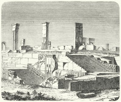 Ruïnes van het paleis van Xerxes in Persepolis (gravure) door German School