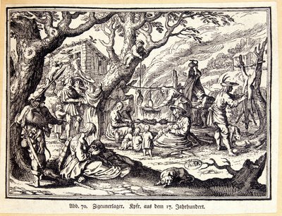 Plattelandsmensen in de Middeleeuwen. Duitse gravure uit de 18e eeuw. Anoniem. Bibl. van de Deco Arts. door German School