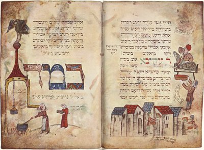 Offer van het Pascha-lam en passage van Rabbi Akiva, Exodus 12, Vers 22, Haggadah (perkament) door German School