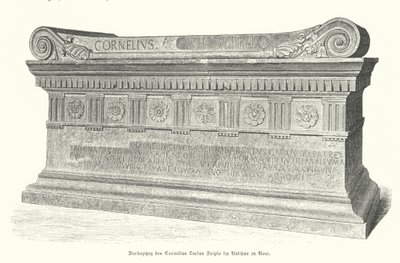 Sarcophagus van Romeinse soldaat en consul Lucius Cornelius Scipio Barbatus in het Vaticaan, Rome (gravure) door German School
