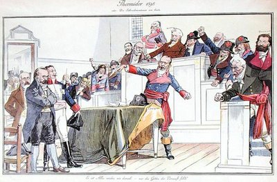 Satirische cartoon die de Dreyfus-affaire als een revolutionair proces afbeeldt door German School