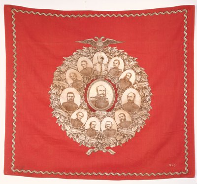 Sjaal met afbeelding van de Duitse keizer, Wilhelm I (1797-1888) omringd door Bismarck en zegevierende maarschalken ter viering van de Frans-Duitse Oorlog, 1870 door German School