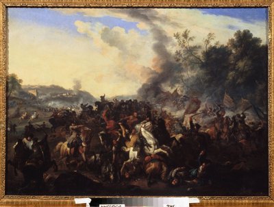Slagveld, ruiters en paarden opgestapeld tijdens een gevecht, anoniem schilderij van de Duitse school, 17e eeuw, Regionaal Kunstmuseum, Oezjhorod, Oekraïne door German School