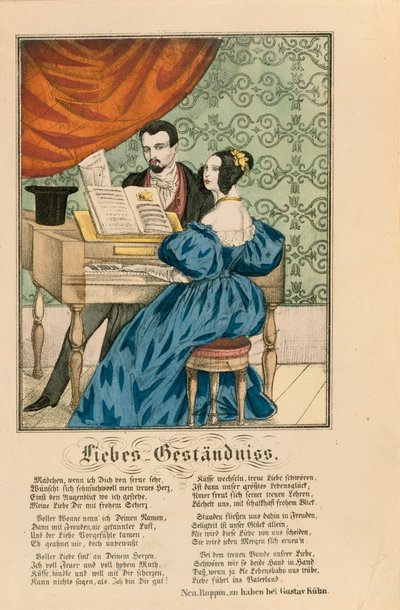 Scène met een stel aan de piano, met een liefdesgedicht eronder, uit Neuruppiner Bilderbogen, 1850 door German School