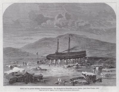 Schoener Germania bij Sabine Island aan de oostkust van Groenland, tweede Duitse Noordpool Expeditie, eind oktober 1869 door German School