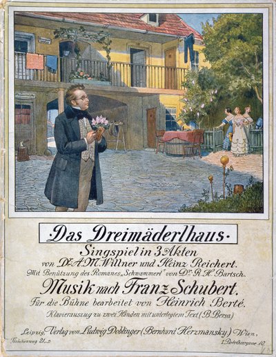 Partituur Omslag van Das Dreimaederlhaus (Het Huis van de Drie Meisjes) met Schubert voor het huis, 1916 door German School