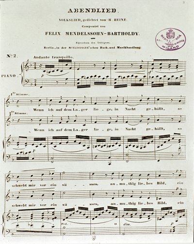 Partituurpagina van Abendlied door Felix Mendelssohn door German School