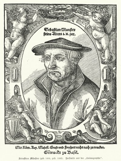 Sebastian Muenster, Duitse cartograaf, kosmograaf en auteur van Cosmographia, het vroegste werk dat de wereld in het Duits beschrijft (gravure) door German School