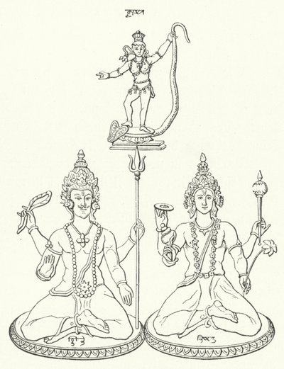 Shiva, Vishnu en Krishna, hindoegoden (gravure) door German School