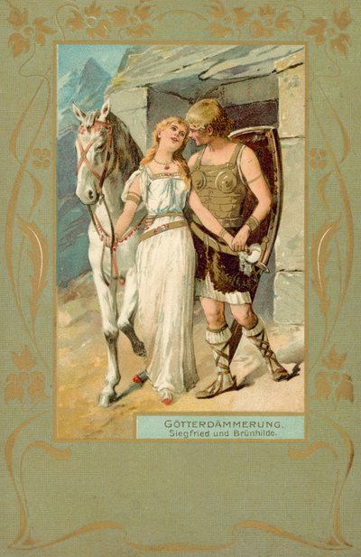 Siegfried en Brunnhilde in een scène uit Gotterdammerung door German School