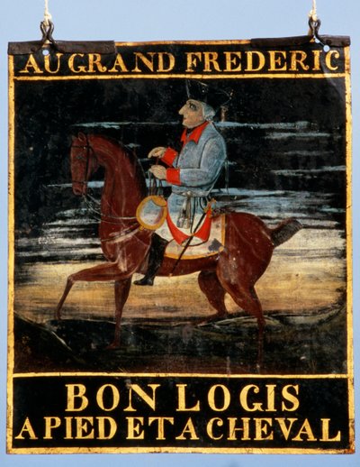 Wegwijzer met Frederik de Grote te paard voor de herberg Le Cadiot door German School