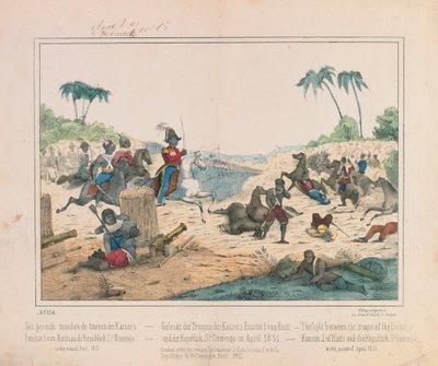 Schermutseling tussen troepen van Keizer Fuastin I van Haïti en de Dominicaanse Republiek van Santo Domingo in april 1851, picturaal pamflet uitgegeven door Fried. Schulz Verlag, Stuttgart, 1851 door German School