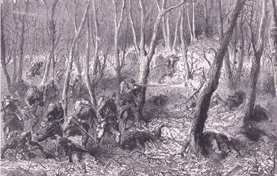 Schermutseling in de bossen buiten Parijs, Cassells Geschiedenis van de Oorlog tussen Frankrijk en Duitsland, uitgegeven door Cassell and Company Limited, ca. 1890 door German School